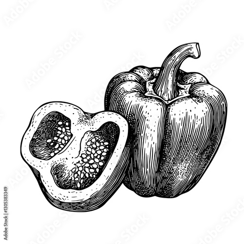 Engraved illustration of a bell pepper with a cross-section showing seeds and inner texture, showcasing culinary potential