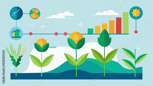 Through a data map a farmer can track the progress of their crops from sowing to harvesting noting any changes in growth patterns or potential issues.. Vector illustration
