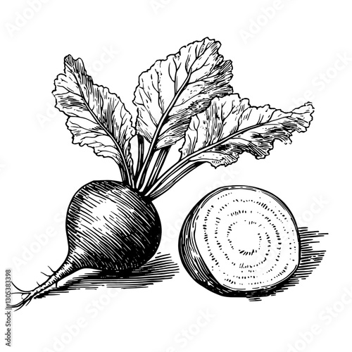 Engraved illustration of a radish with leaves and cross-section revealing texture and details