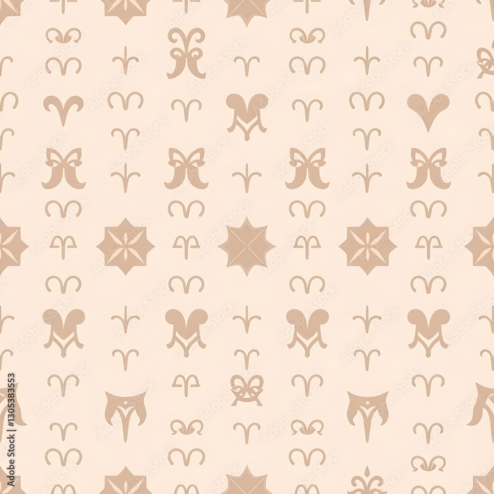 Pattern Elegance: A seamless pattern featuring a repeating design of stylized shapes including zodiac symbols, bows, hearts, and floral ornaments. Pattern Elegance: A seamless pattern featuring a repeating design of stylized shapes including zodiac symbols, bows, hearts, and floral ornaments.