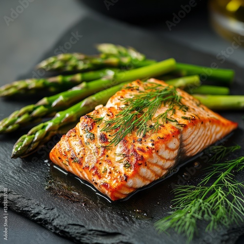 Grilled Salmon with Asparagus on Dark Stone Plate photo