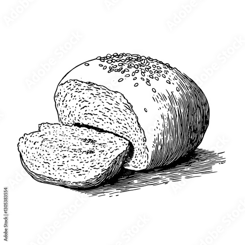 Engraved illustration of a freshly baked bread loaf with slice, showcasing texture and details in a vintage style