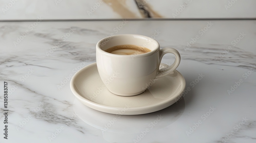 A clean photo of a single espresso cup styled on a light marble surface. background
