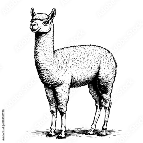 Engraved illustration of a standing llama captured in intricate detail showcasing its unique features and texture
