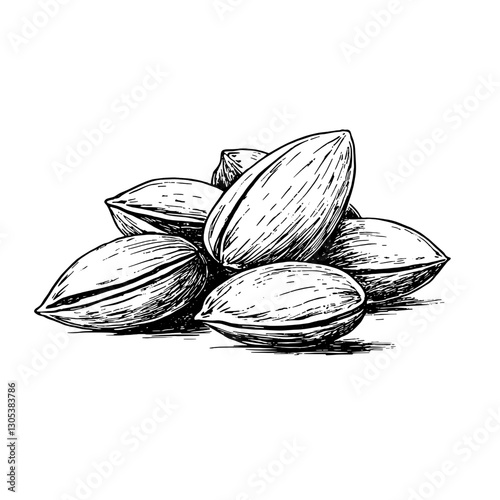 Detailed engraved illustration of a pile of almonds on white background showcasing natural texture and form