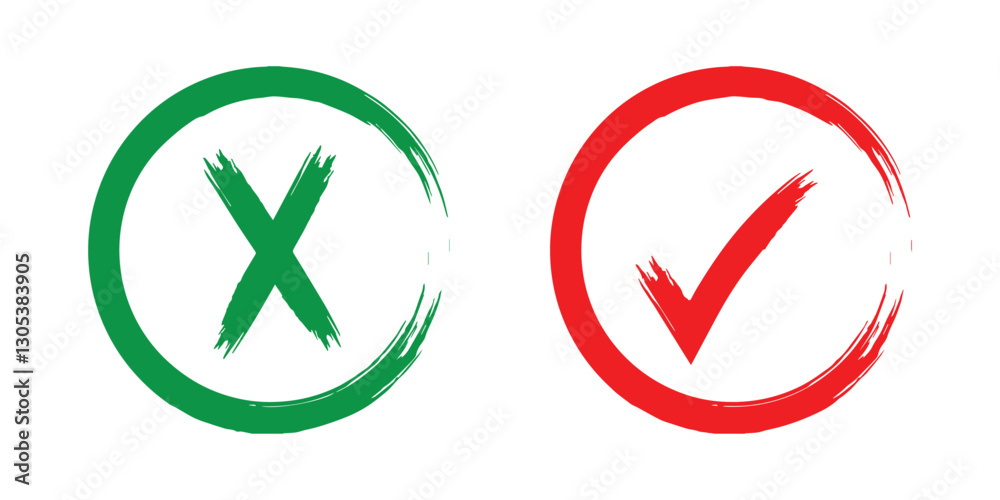 Tick and Cross sign elements. Vector buttons for vote, election choice, check marks, approval signs design. Red X and green OK symbol icons check boxes. Check list marks, choice options, survey signs. Tick and Cross sign elements. Vector buttons for vote, election choice, check marks, approval signs design. Red X and green OK symbol icons check boxes. Check list marks, choice options, survey signs.