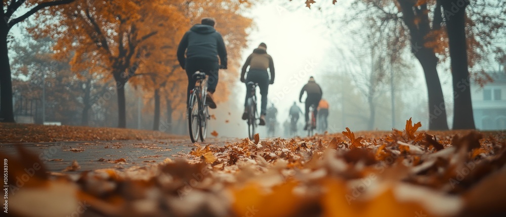 Fototapeta premium A group of cyclists enjoy a misty autumn ride through a leaf-strewn park path, embodying the peaceful essence of seasonal exploration.