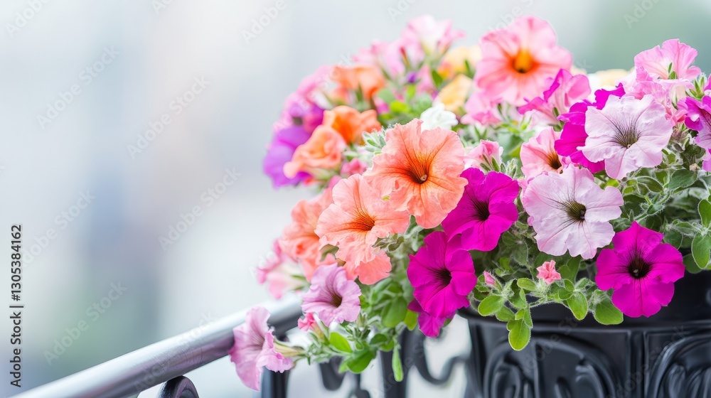 Obraz premium Colorful petunias blooming in flower box on urban balcony