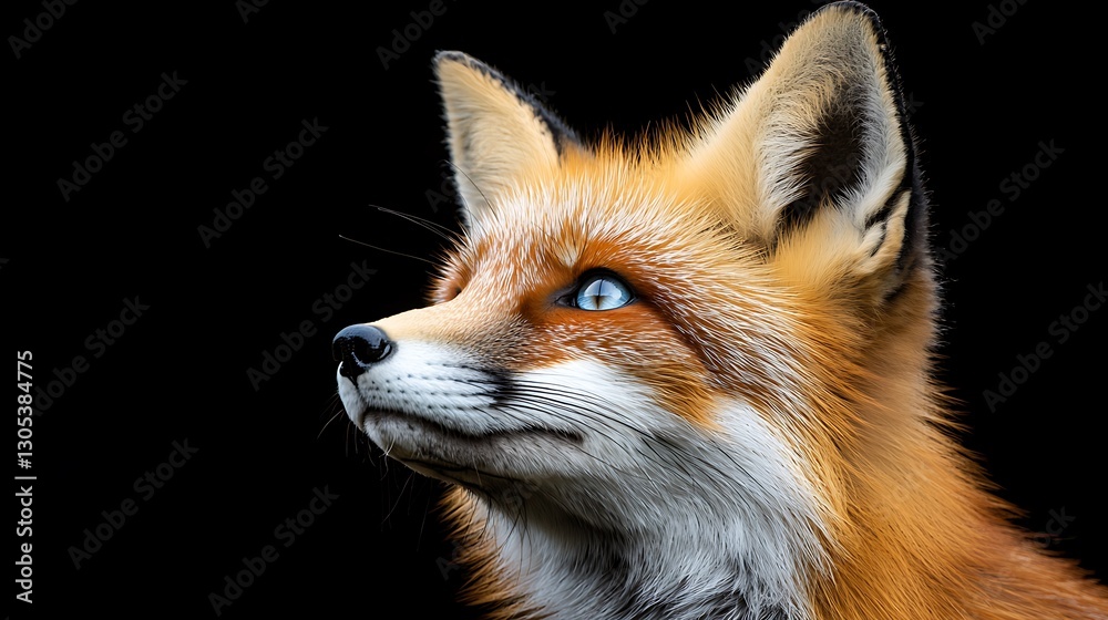 Obraz premium Red fox gazing upwards, side profile against a black background