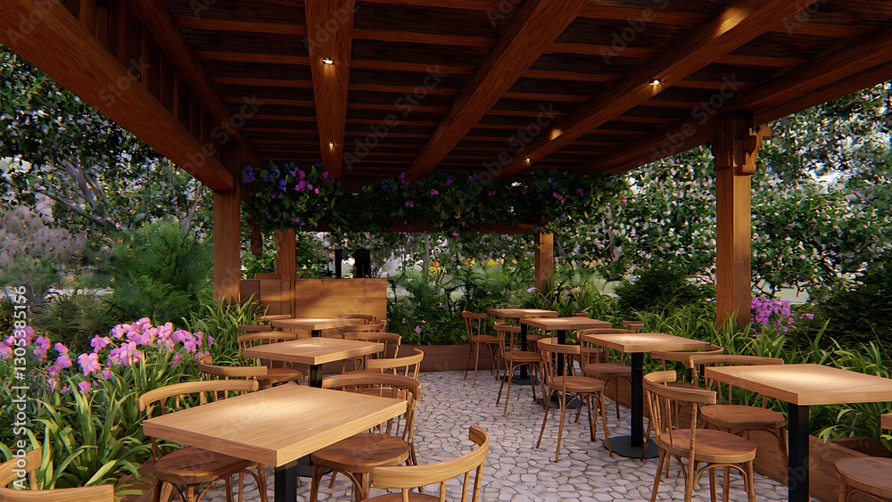 Obraz premium Cozy Garden Café – Outdoor Seating with Natural Charm