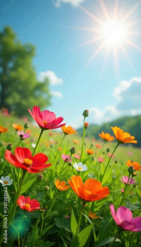 Obraz premium Vibrant wildflowers bloom in a sun-drenched meadow , blooming, botany, colorful