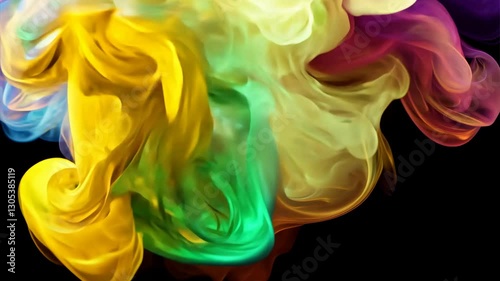 A mesmerizing 3D-rendered cloud of colorful smoke swirling and shifting in dynamic motion, seamlessly fading out with an alpha matte transition at the end of the clip.