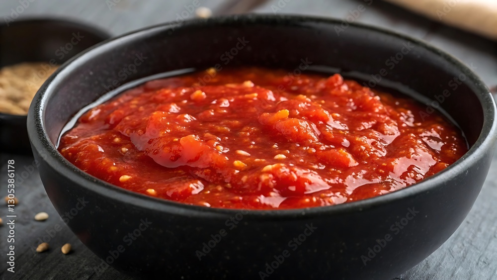 Thick Red Chili Sauce in a Black Bowl Thick Red Chili Sauce in a Black Bowl