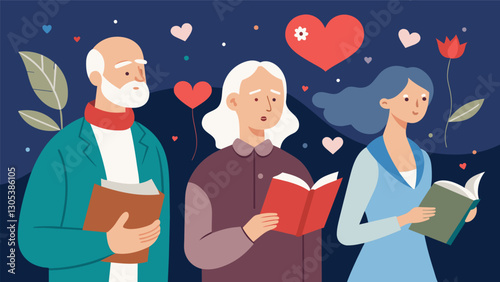 Through their witty and insightful words the senior poets offer a fresh perspective on love loss and the human experience.. Vector illustration