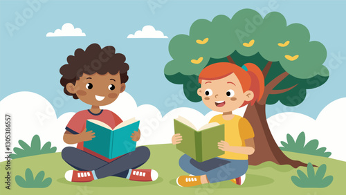 Two students sit together under a tree outside one with a fairy tale book in hand and the other with a picture book filled with silly jokes as they take turns sharing their. Vector illustration