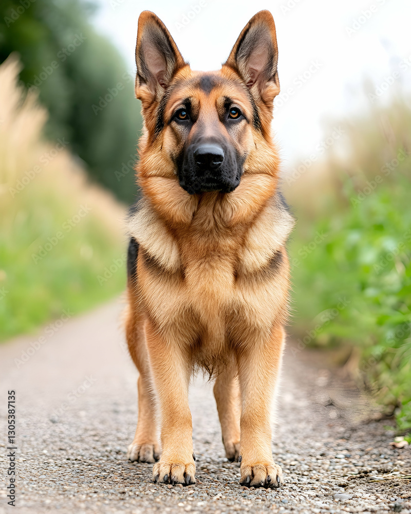 Alert Shepherd stands on a path, looking forward, with blurry green background Alert Shepherd stands on a path, looking forward, with blurry green background