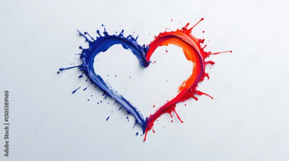 Obraz premium A heart shape is formed by two splatters of paint, one blue and one red, against a light background