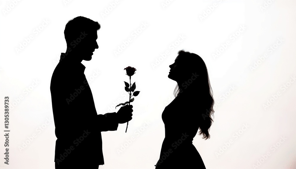 Romantic Silhouette of Man Offering Rose to Woman Against White Background with Copy Space Romantic Silhouette of Man Offering Rose to Woman Against White Background with Copy Space