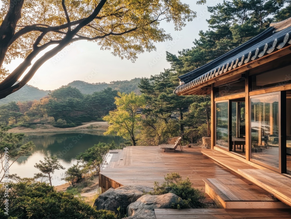 Wooden deck and building next to a serene lake view Wooden deck and building next to a serene lake view