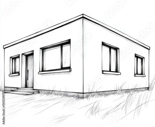 Sketch of a modern small house, architectural drawing, grassy yard, simple design photo