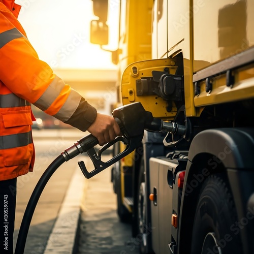 close-up of a yellow truck being refueled at a gas station. The fuel nozzle is inserted, highlighting logistics and transportation. Premium lighting, ultra-HD, and professional composition.