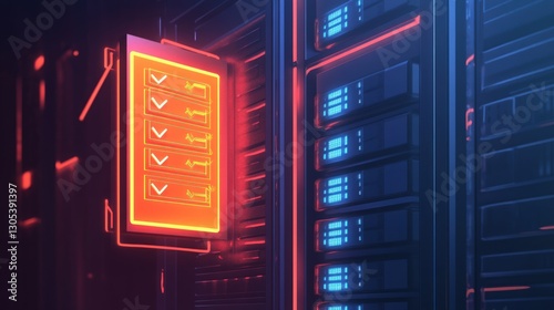 Server Rack with Neon Checklist