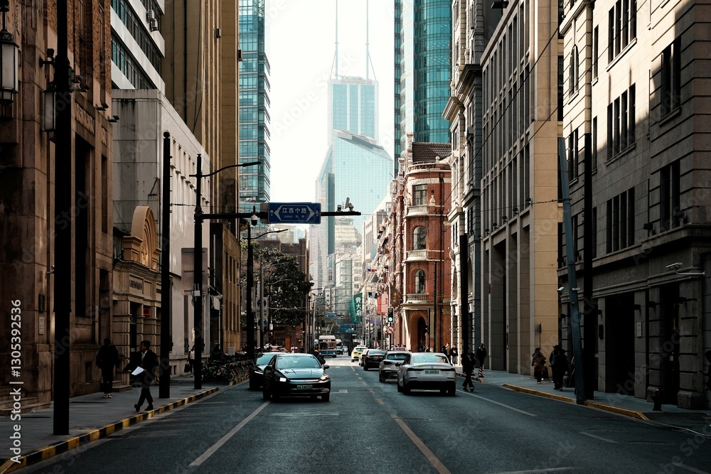 Street scene in Shanghai with modern skyscrapers and classic architecture under a clear sky Street scene in Shanghai with modern skyscrapers and classic architecture under a clear sky