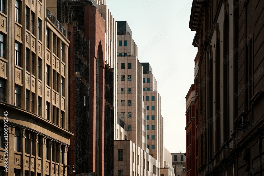 Fototapeta premium Cityscape featuring a row of historic and modern buildings under a clear sky