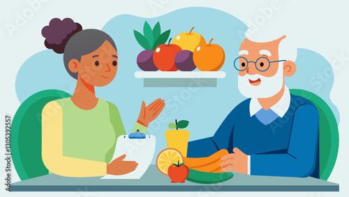 In a peaceful office setting a nutritionist and her elderly client discuss the importance of including a variety of colorful fruits and vegetables in daily meals for a wellrounded. Vector illustration