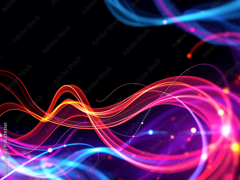 Naklejka premium A dynamic abstract digital artwork featuring neon electric light waves in vibrant blue, pink, and red tones against a dark background, creating a futuristic and energetic visual.