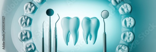 An image of a tooth on a blue background. Dental instruments are located next to the teeth. Dental instruments include a dental mirror, a dental probe, and a scaler. A banner with space for the text.