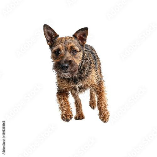A focused Border Terrier with a wiry coat showcasing agility and determination on a white background