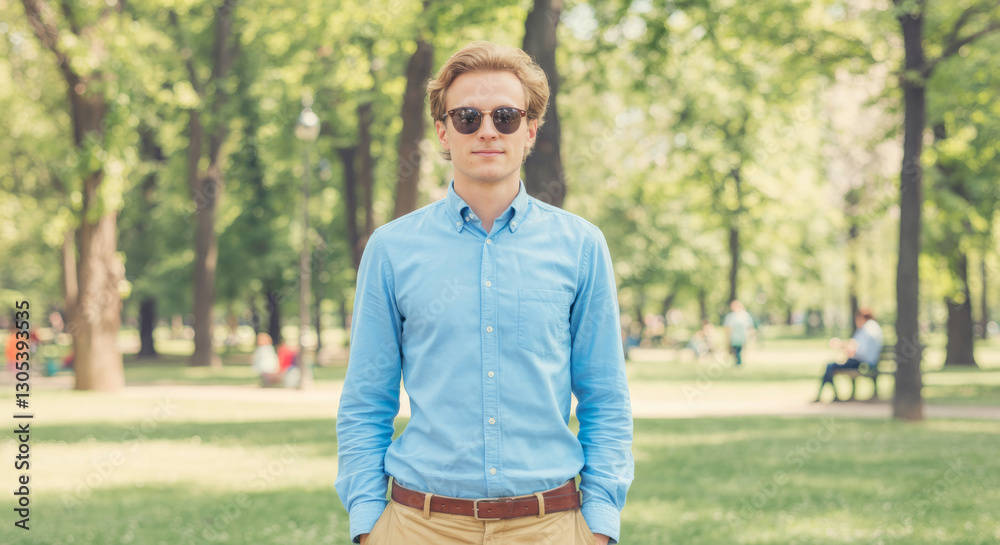 Young caucasian male in blue shirt and sunglasses enjoying sunny day in park Young caucasian male in blue shirt and sunglasses enjoying sunny day in park
