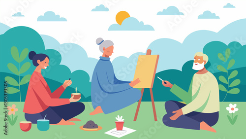 In a peaceful outdoor setting elders engage in a mindful art activity allowing their creativity to flow freely without judgment or expectation.. Vector illustration