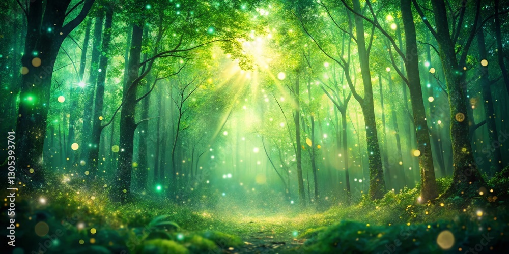 Fototapeta premium Glowing Green Glitter Forest Canopy Texture - Magical Nature Background