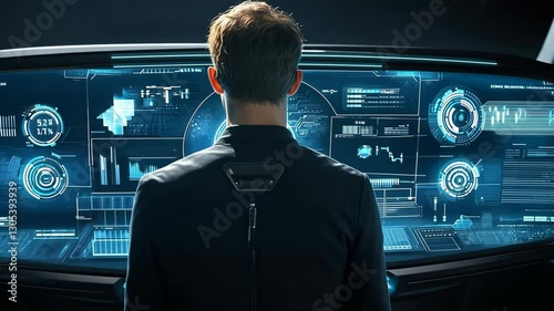 Advanced technology display used by a person analyzing data in a futuristic environment for decision making