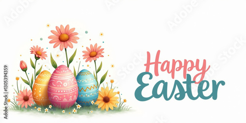 Easter Day Banner With Eggs And Gerbers With Gradient Mesh, Vector Illustration on white background.