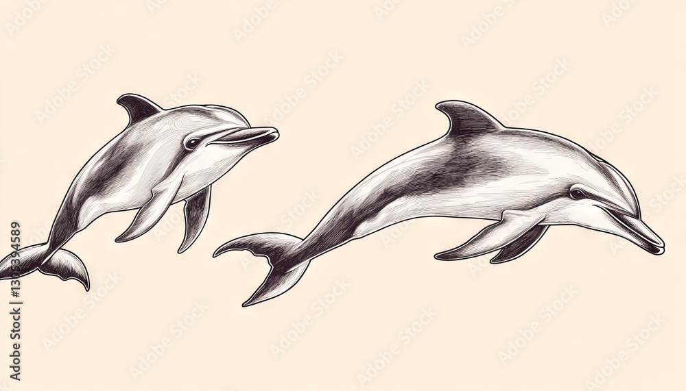 Fototapeta premium Two dolphins jumping, vintage illustration style, light beige background