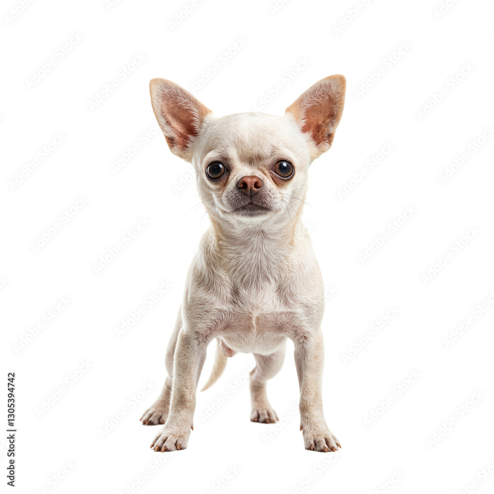 Adorable Chihuahua with oversized ears displaying its playful nature and charm against a clean white backdrop