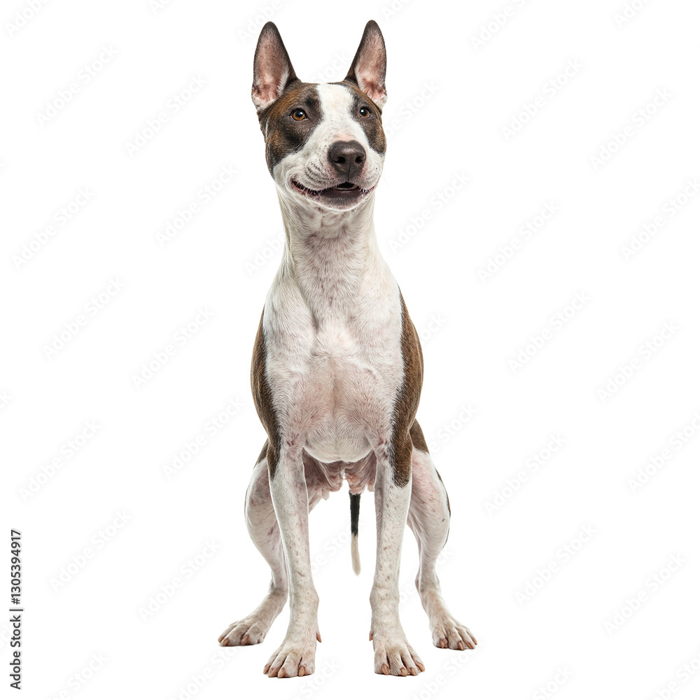 Energetic Bull Terrier with a unique egg shaped head showcasing its muscular build and playful personality on a white background Energetic Bull Terrier with a unique egg shaped head showcasing its muscular build and playful personality on a white background