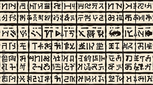 Ancient Script: A close-up of a grid filled with enigmatic, archaic symbols. 