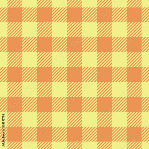 No people plaid seamless pattern, cover texture tartan background. Covering vector check textile fabric in yellow and orange colors.