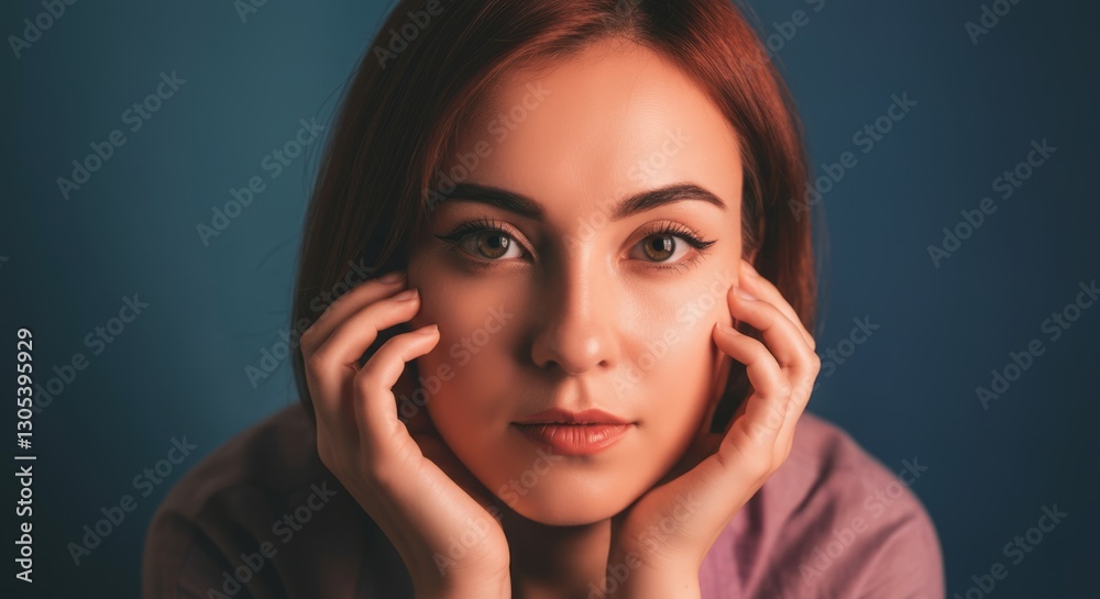 Portrait of young asian female with red hair against blue background Portrait of young asian female with red hair against blue background