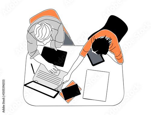 Business team members working together on laptop top view. Businessman and businesswoman sitting around the desk discussing, brainstorming. Vector outline illustration Isolated