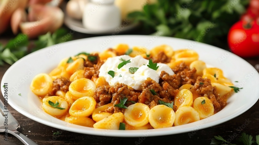 Delicious Orecchiette Pasta with Meat Sauce and Creamy Topping on a Rustic Wooden Table Delicious Orecchiette Pasta with Meat Sauce and Creamy Topping on a Rustic Wooden Table