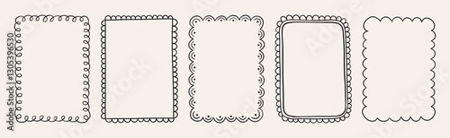 Set of cute hand drawn doodle rectangle frames. Simple wavy lines with curls. Perfect for designing cards, invitations, and creative projects