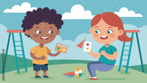 Two children exchanging stickers and trading cards on the playground excited to have found common interests.. Vector illustration