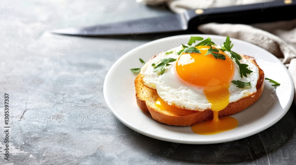 Delicious Fried Egg on Toast with Fresh Herbs and Runny Yolk on Rustic Background