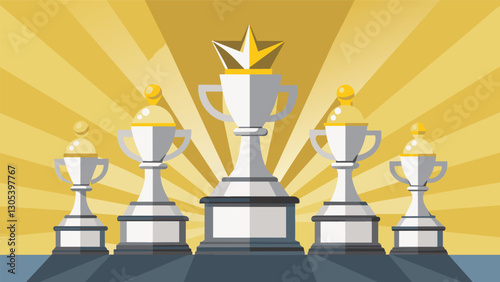 The silver trophies gleam in the sunlight ready to be awarded to the top players of the Silver Generation Chess Tournament.. Vector illustration