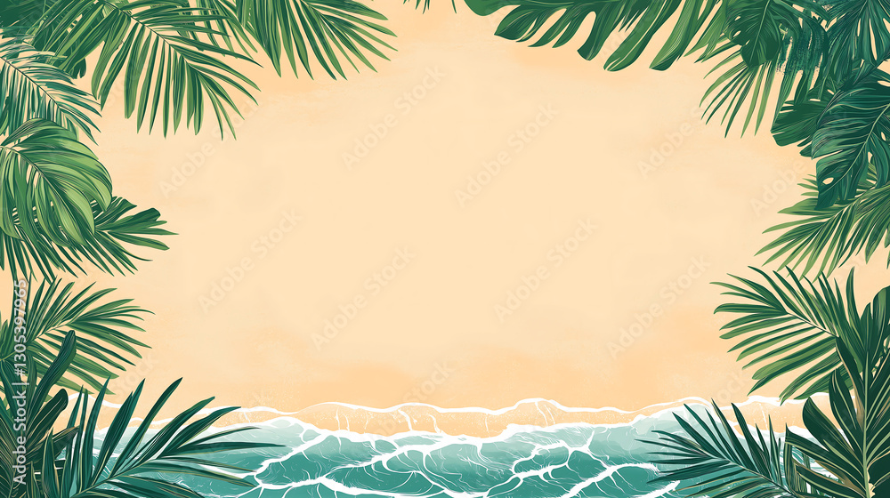 Fototapeta premium Summer vector illustration featuring Tropical beach background with palm tree leaves and great copy space for custom text.